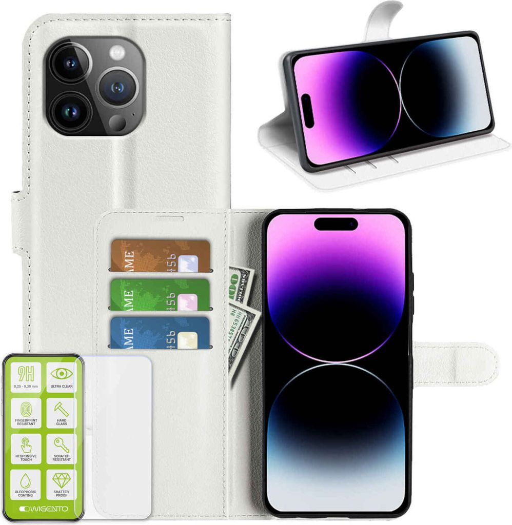 Für Apple iPhone 15 Pro Handy Tasche Weiß Etuis Kunst-Leder Hülle Case + H9 Hart Glas