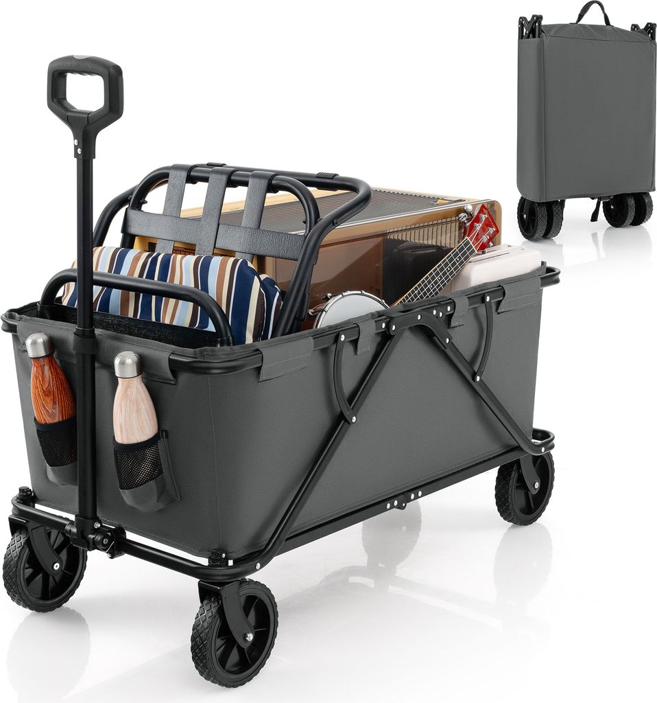 GOPLUS Bollerwagen faltbar, Handwagen mit 360° drehbaren Rädern, verstellbarem Griff & Getränkehaltern, 170L/100kg Strandwagen