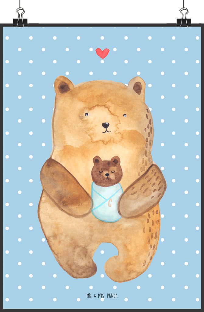 Mr. & Mrs. Panda Bild Bär Baby DIN A3 - Blau Pastell - Geschenk, Mutter, Kunstdruck, Plakat, Eltern, Wandbild, wanddeko, Geburt, Teddy, drucke, Ni...