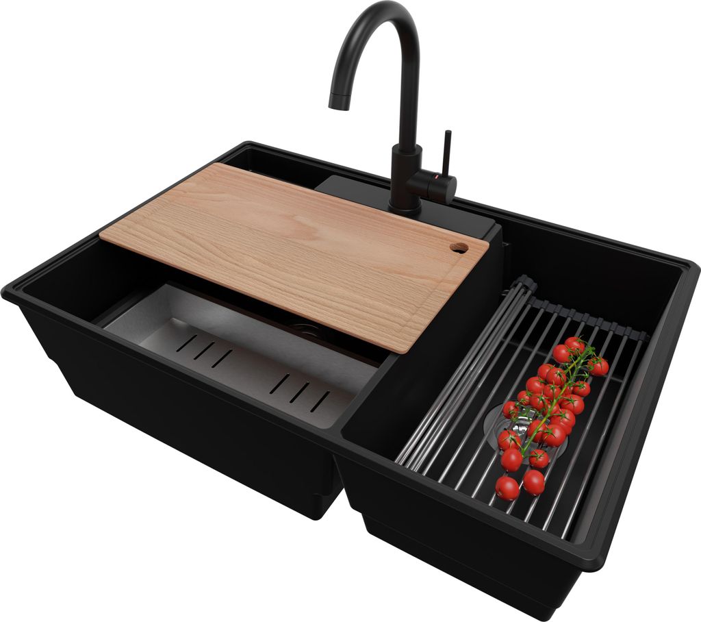 PRIMAGRAN Granitspüle Schwarz 78x53cm, Spülbecken 2 Becken + Küchenarmatur 32x20cm + Ablauf-Set + Küchenzubehörset, Küchenspüle ab 80er Unte...