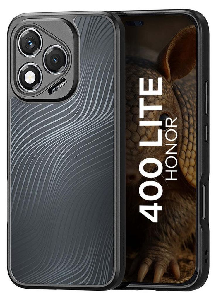A smartphone case is shown on the left, and the phone screen is visible on the right, displaying text and an image of an armadillo.