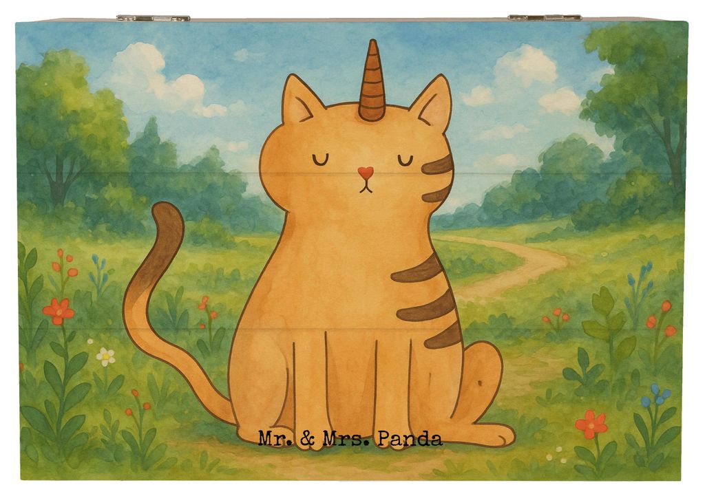 Mr. & Mrs. Panda Holzkiste Einhorn Katze Design 22 x 15 cm - Weiß - Geschenk, Geschenkbox, Mieze, Unicorn, Box aus Holz, mit Deckel, geschenkkiste...