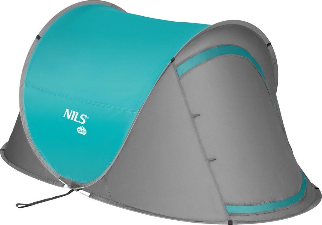 A pop-up camping tent in turquoise and gray.
