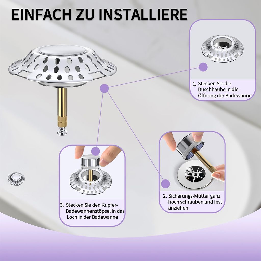 2-in-1 Badewannenstöpsel mit Sieb, Ablaufsieb Haarfänger, Produktbild 2
