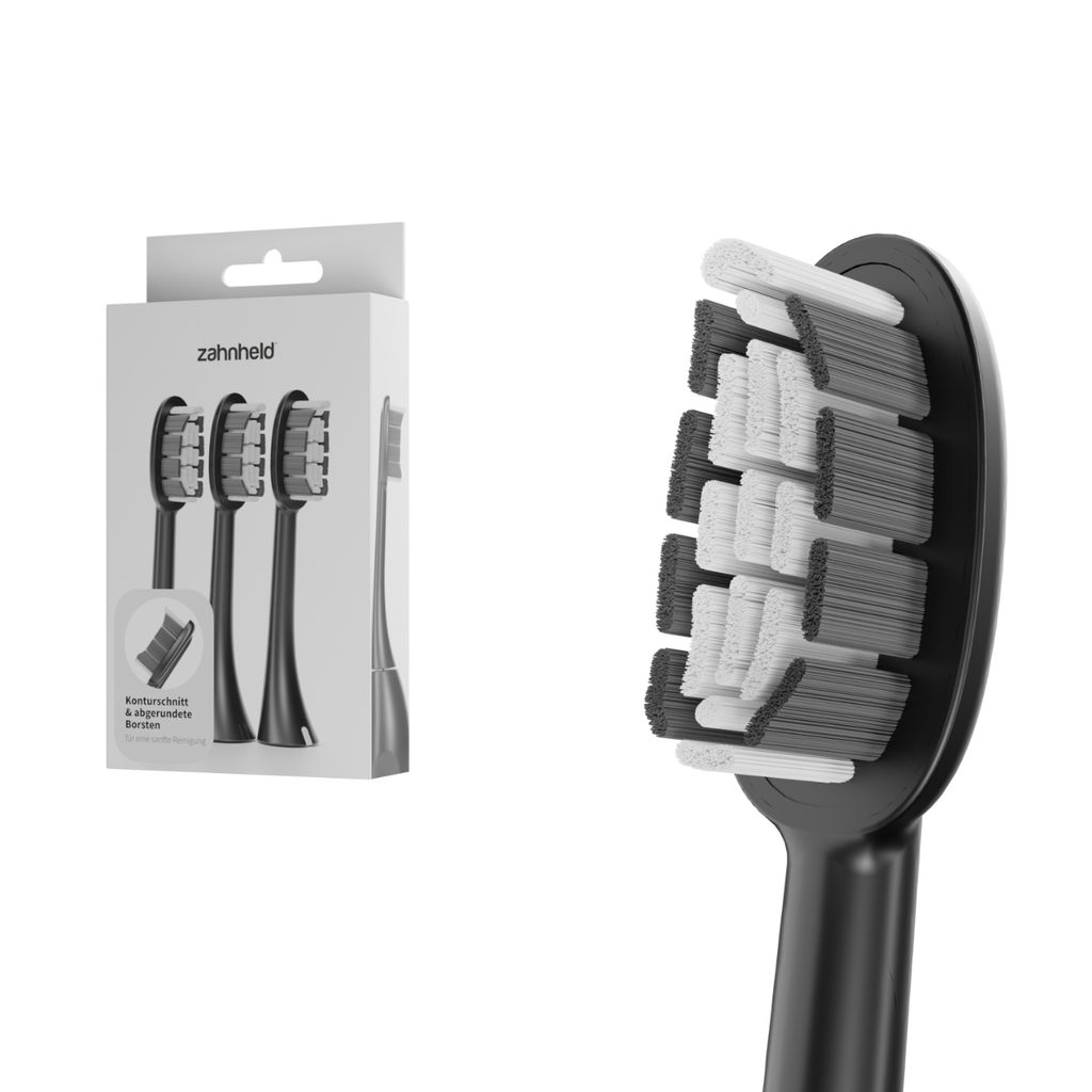 Zahnheld Bürstenkopf Ersatzbürsten Basic Medium - ideal für Gero Schallzahnbürste, 3 Stück, Schwarz, mittelharte Wechselköpfe, Schallzahnbür...