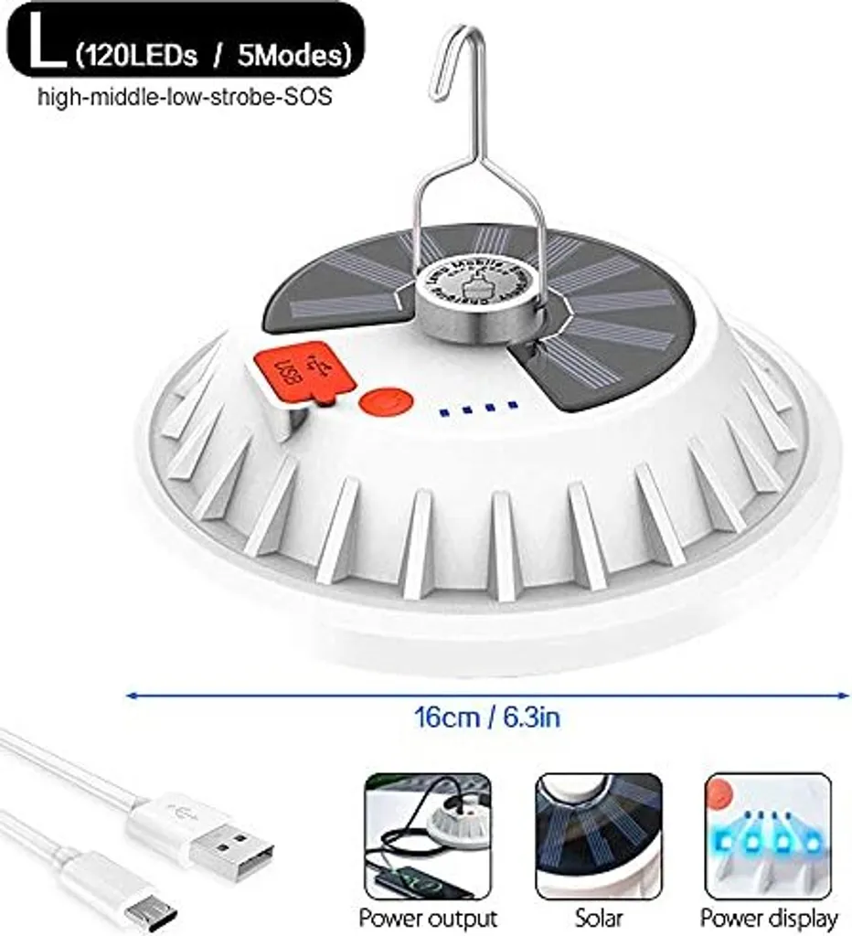 Lanterna da Campeggio Solare LED Ricaricabile con Telecomando e USB - 3