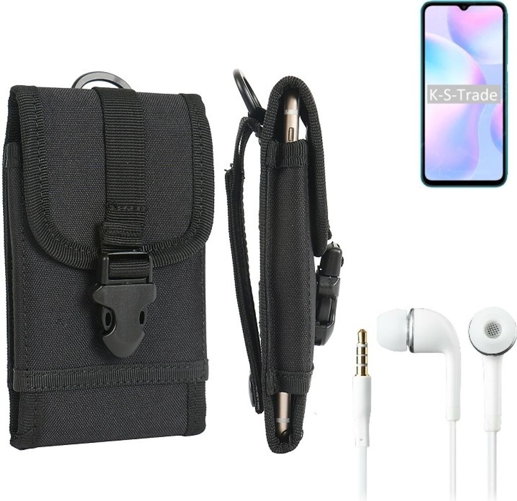 K-S-Trade Holster Schutz Hülle kompatibel mit Xiaomi Redmi 9i Sport Gürteltasche Handy Hülle Tasche outdoor Seitentasche schwarz 1x + Kopfhörer