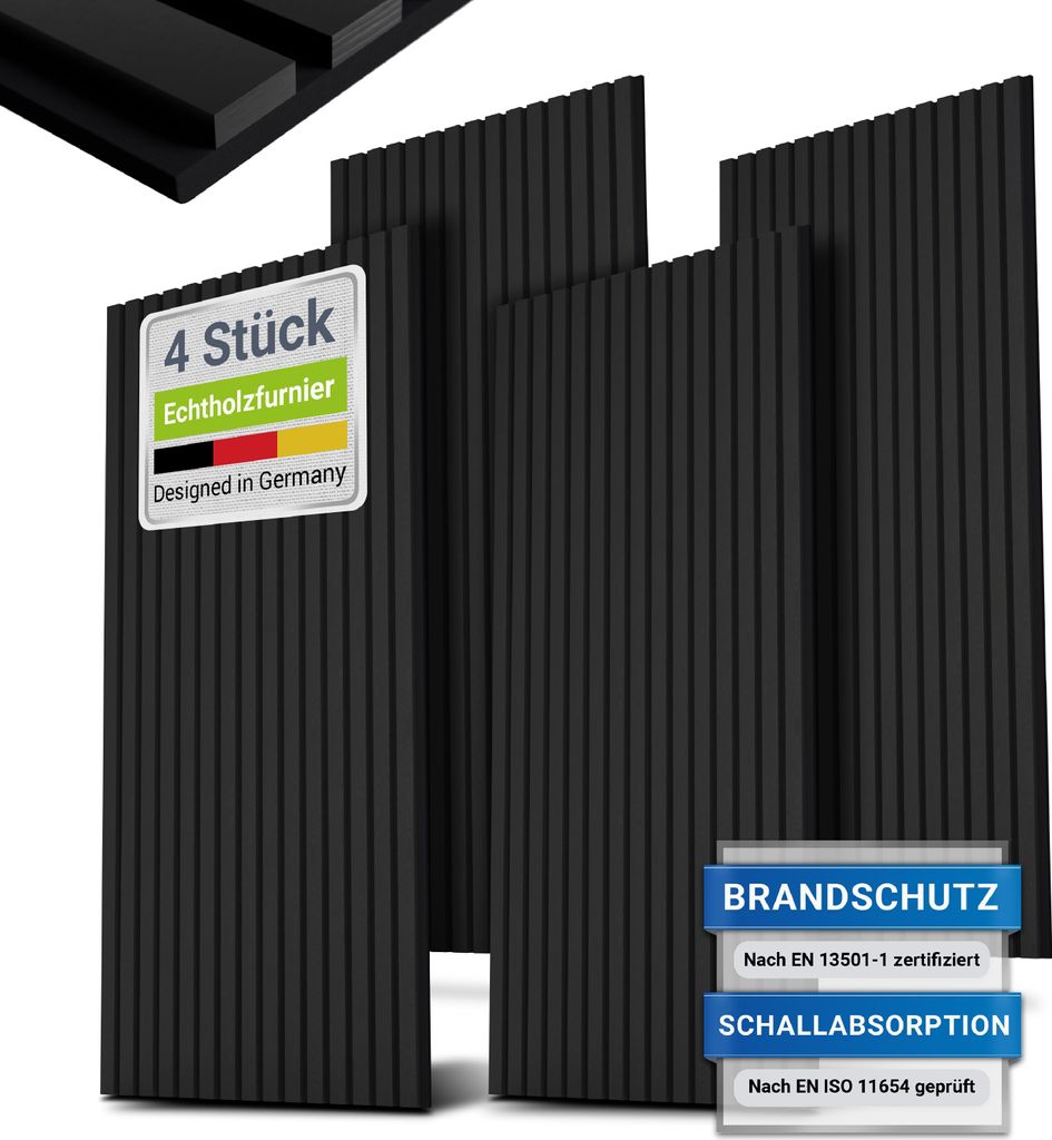 Juskys Wandpaneele Akustik 4er Set 2,88 qm - Verbesserte Akustik durch schallabsorbierende Materialien - Schwarz