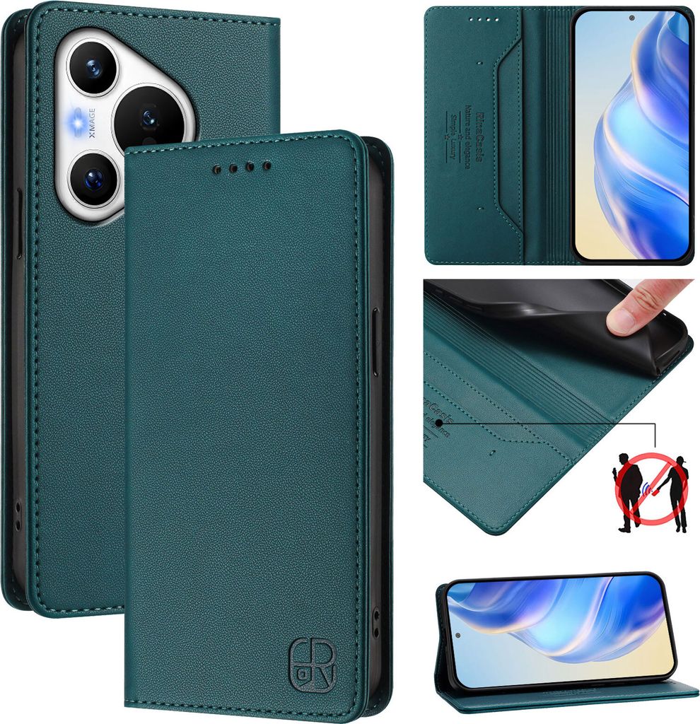 Lederhülle für Huawei Pura 70 Hülle Flip Brieftasche Kartenfächern Ständer Schutzhülle Dunkelgrün