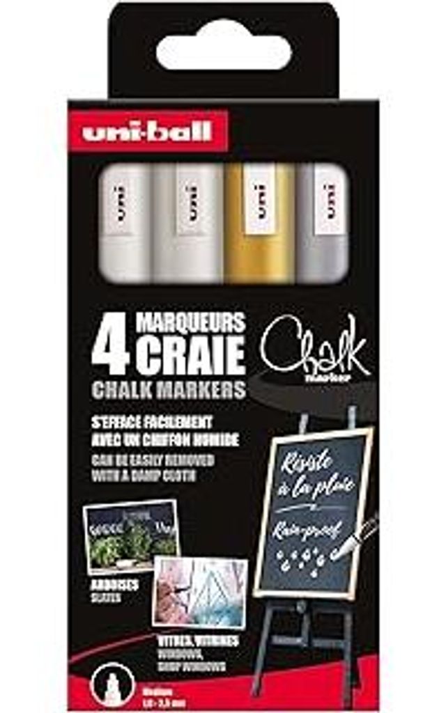Uni-Ball 186202 - Fenster- & Kreidemarker Set, 4 Chalk Marker PWE-5M, Kreidestifte 1,8 - 2,5 mm Rundspitze