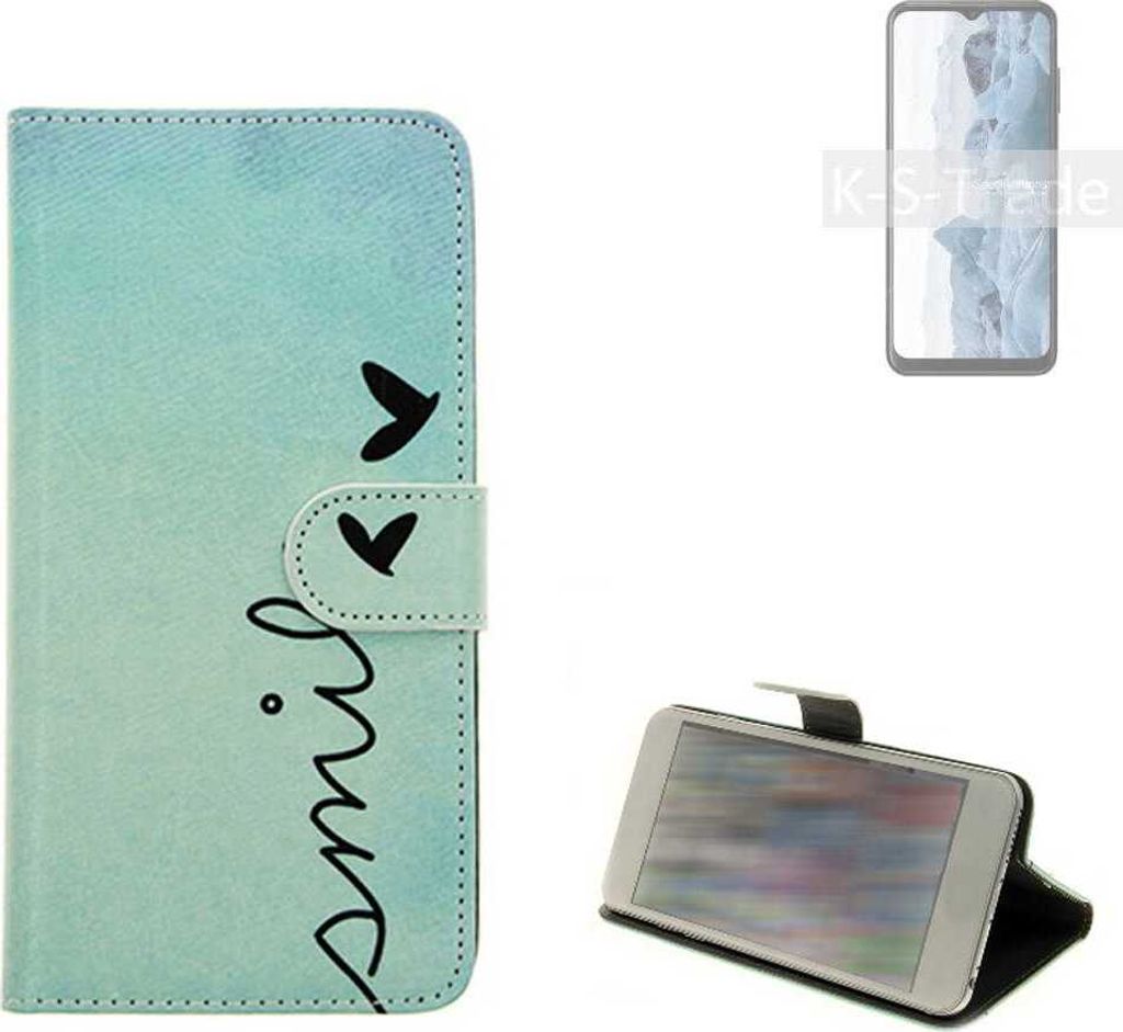 K-S-Trade Schutz Hülle Handy Hülle kompatibel mit Nokia G60 5G Hülle Handyhülle cover bookstyle Etui Handyhülle ''smile'' türkis Standfunktion