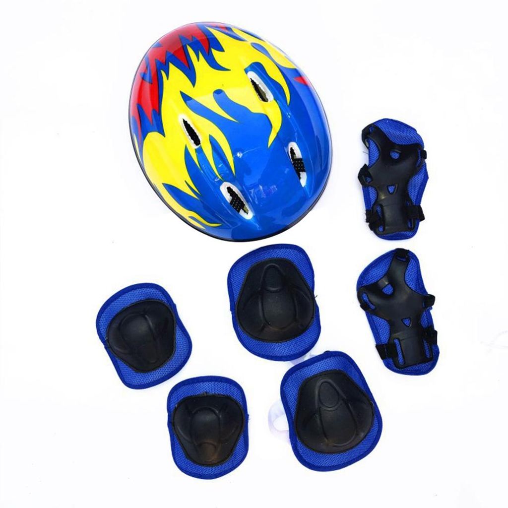 7Pcs Kinder Fahrrad Radfahren Skating Helm Knie Ellbogen Handgelenk Schutz Schutzpolster Blau