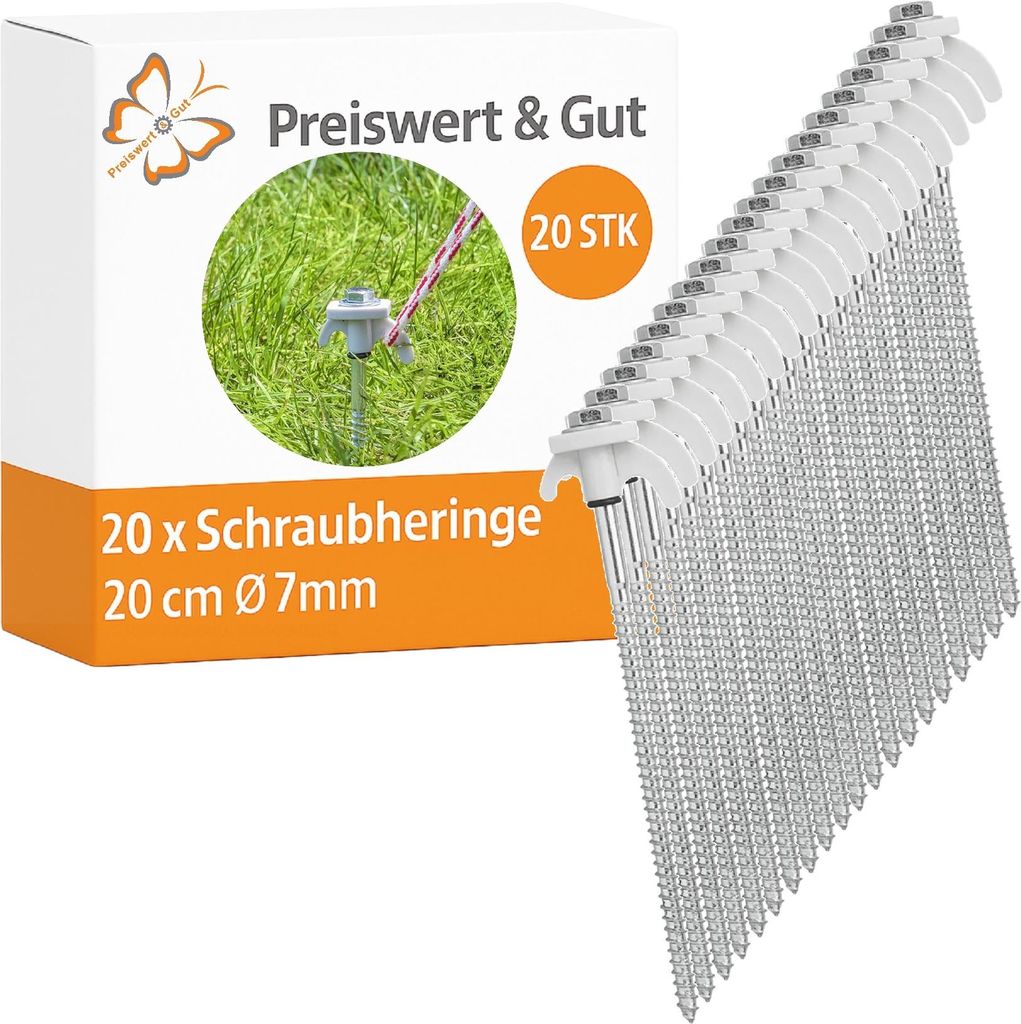 20x Schraubheringe 20 cm mit Kunststoff Haken Ø7mm, Schraubhering Set fürs Vorzelt Spannen Camping Schraubbare Heringe