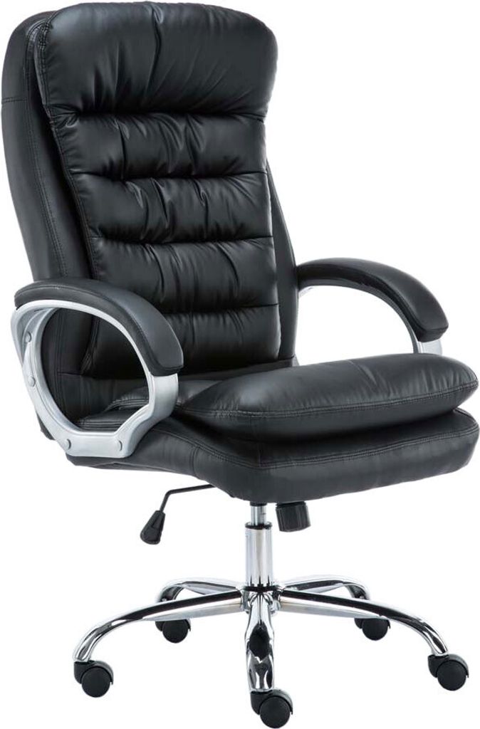 A black office chair with silver accents is shown against a white background.