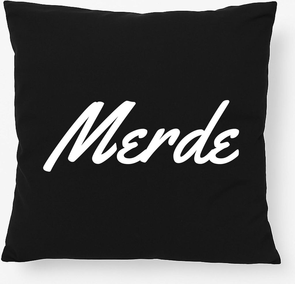 Huuraa Kissen Merde französisch Schriftzug 40x40cm mit Füllung Black Baumwolle Dekokissen Geschenkidee