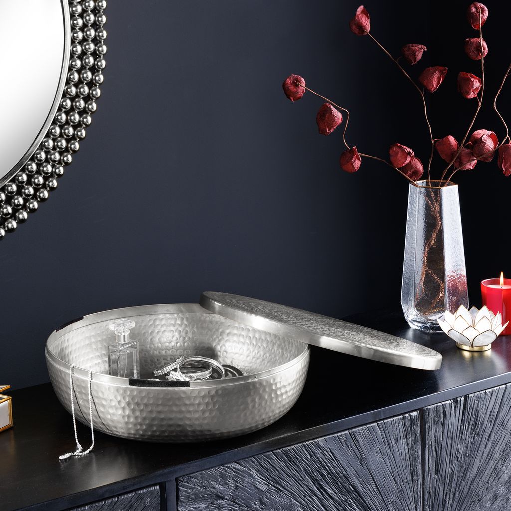 riess-ambiente Schale ORIENT 40cm silber Metall rund mit Deckel Schmuck-Dose Dekoration Deko Ablage Aufbewahrung