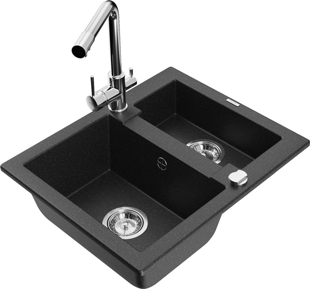 Mexen Carlos 1,5-Becken-Granitspüle mit Mischbatterie Duero, Schwarz/Silbermetallic - 6518-73-671600-00