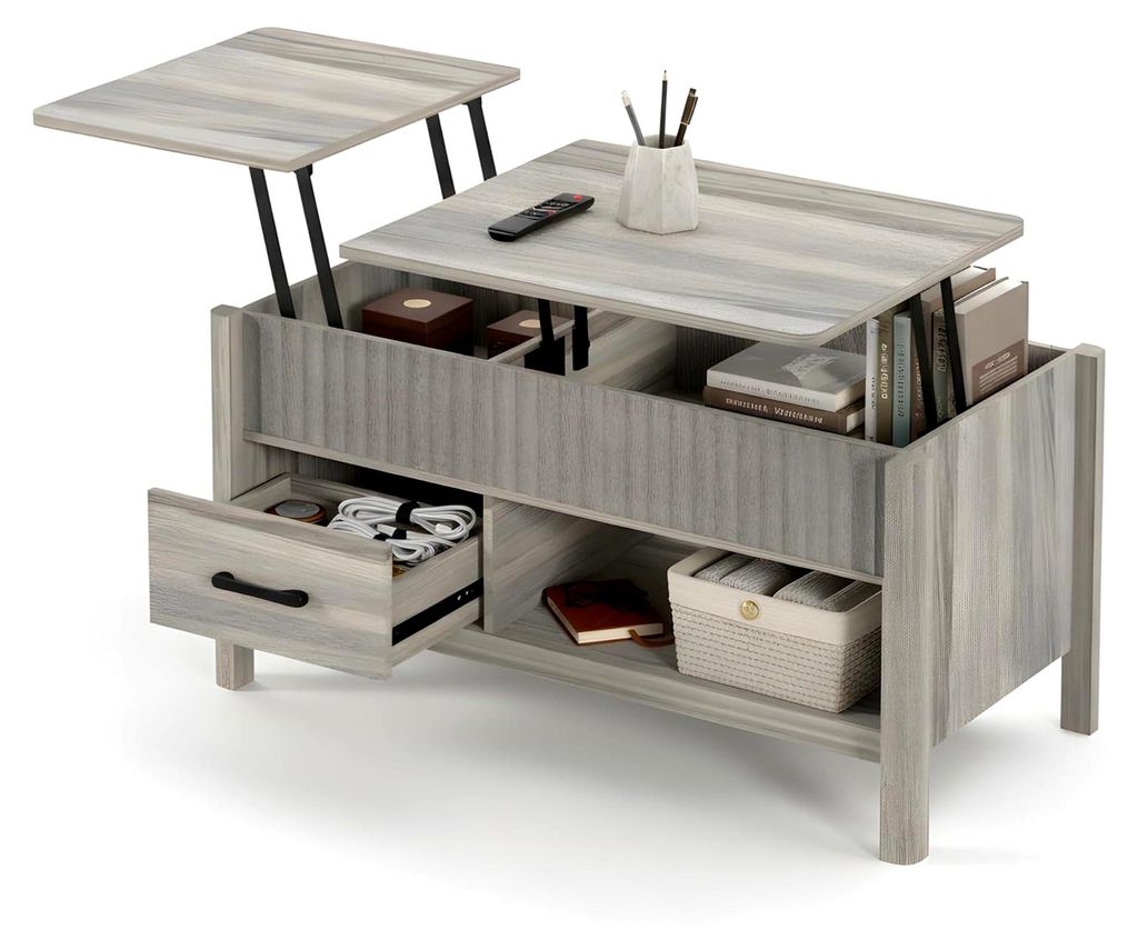 Höhenverstellbarer Couchtisch mit zwei getrennten Platten und Stauraum | Couchtisch aus Holz in Eiche-Optik | Moderner Wohnzimmertisch mit Schubla...