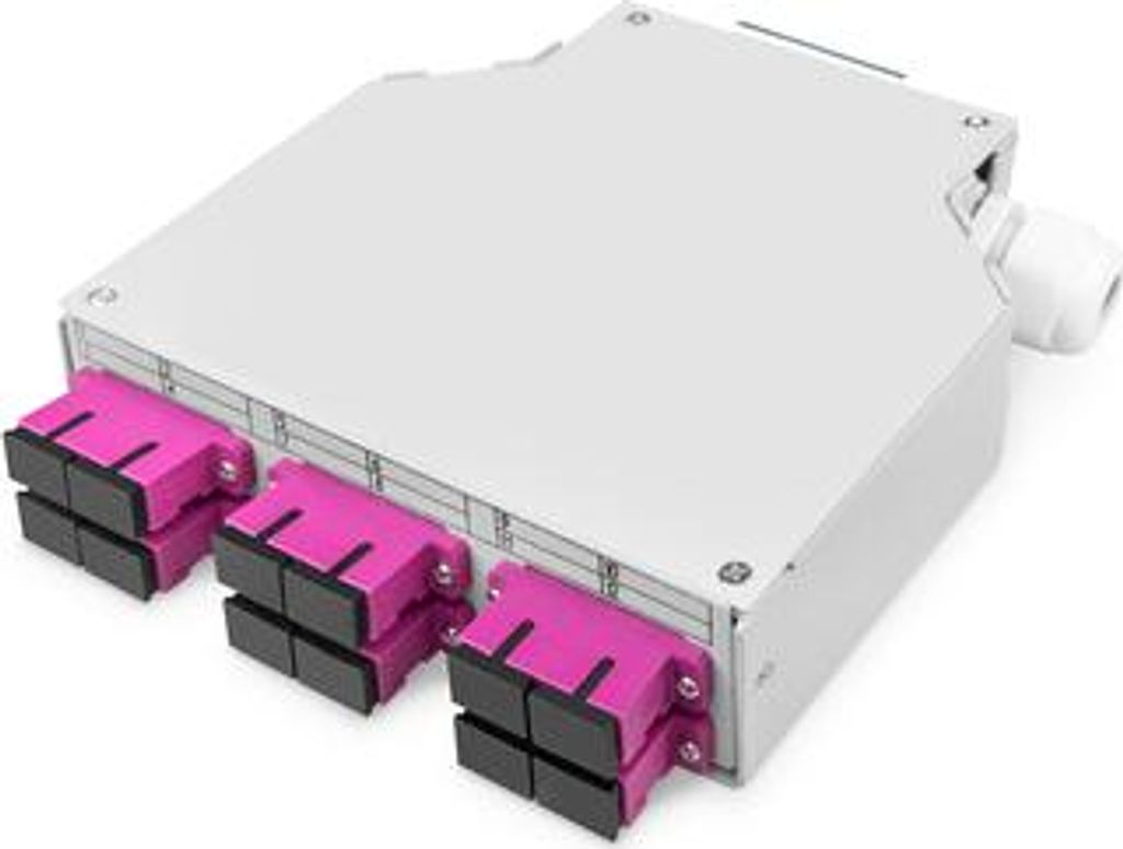 Digitus LWL-Hutschienenbox, MM-OM4, bestückt, mit SC-Adapter und Pigtail, SC, OM4, Grau, Pink, Stahl, 2 m, -20 - 60 °C