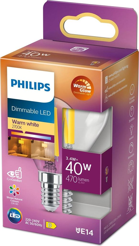 Philips Przezroczysta żarówka LED Filament 40 W P45 E14, Zdjęcie produktu 