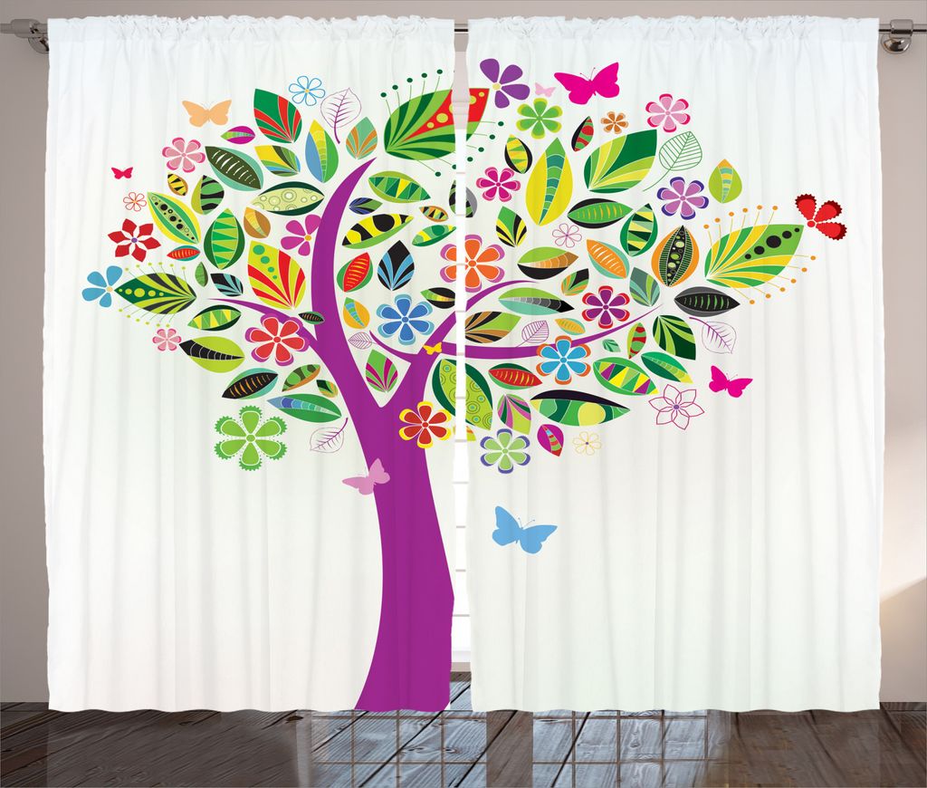 ABAKUHAUS Baum des Lebens Rustikaler Gardine, Blumen Schmetterlinge, Schlafzimmer Kräuselband Vorhang mit Schlaufen und Haken, 280 x 245 cm, Mehrf...