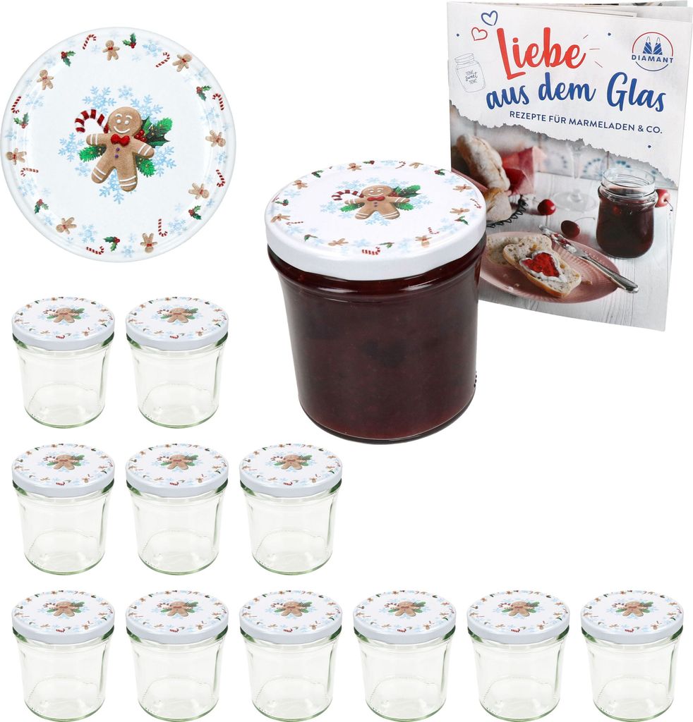 A set of 12 glass jars with lids, a plate, and a recipe book, all with a Christmas gingerbread theme.