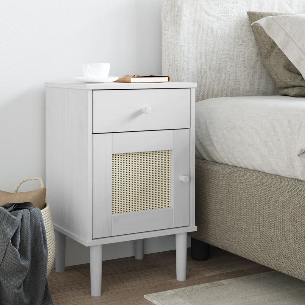 “2026 Moderne“Nachttisch SENJA Rattan-Look Weiß 40x35x65cm Massivholz Kiefer - Nachttische & -schränke Designermöbel 3911871