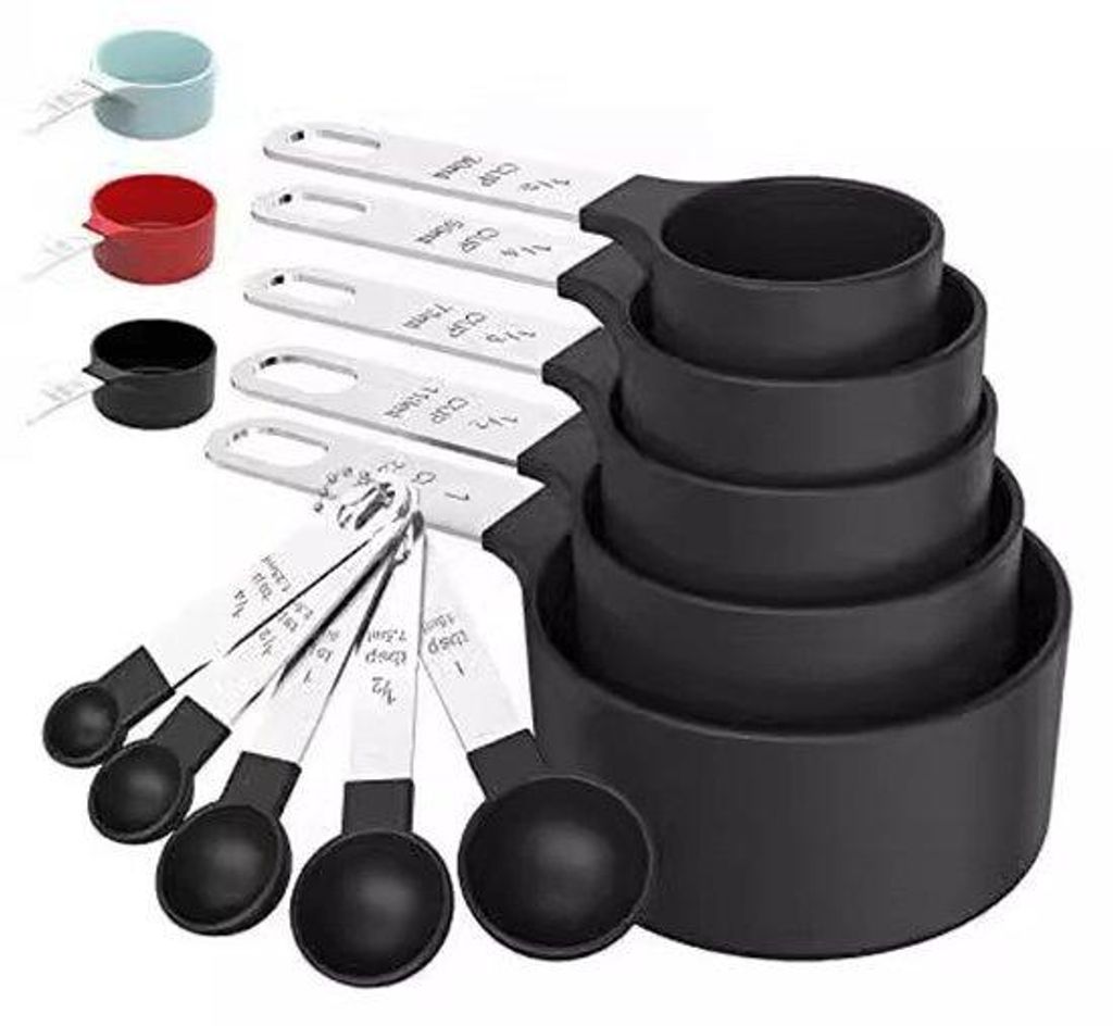 Set aus Stahlmaßlöffeln und -schöpfern, stapelbare Stahlmaßlöffel mit Edelstahlgriffen, Koch- und Backzubehör (schwarz)