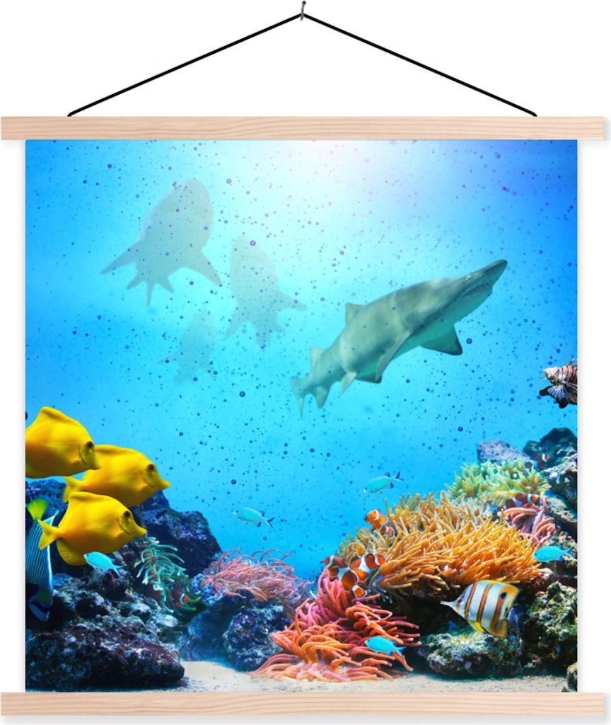 MuchoWow Textilposter Meer - Fische - Farben 60x60 cm mit holzfarbenen Rahmen - Wanddekoration