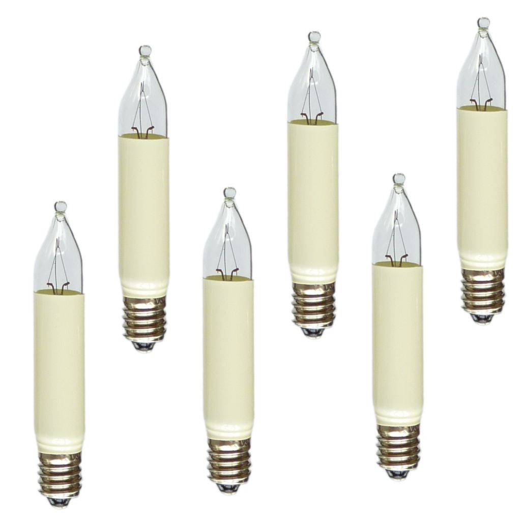 Six small candle-shaped light bulbs with cream-colored bases and clear glass tops are arranged in a grid against a white background.
