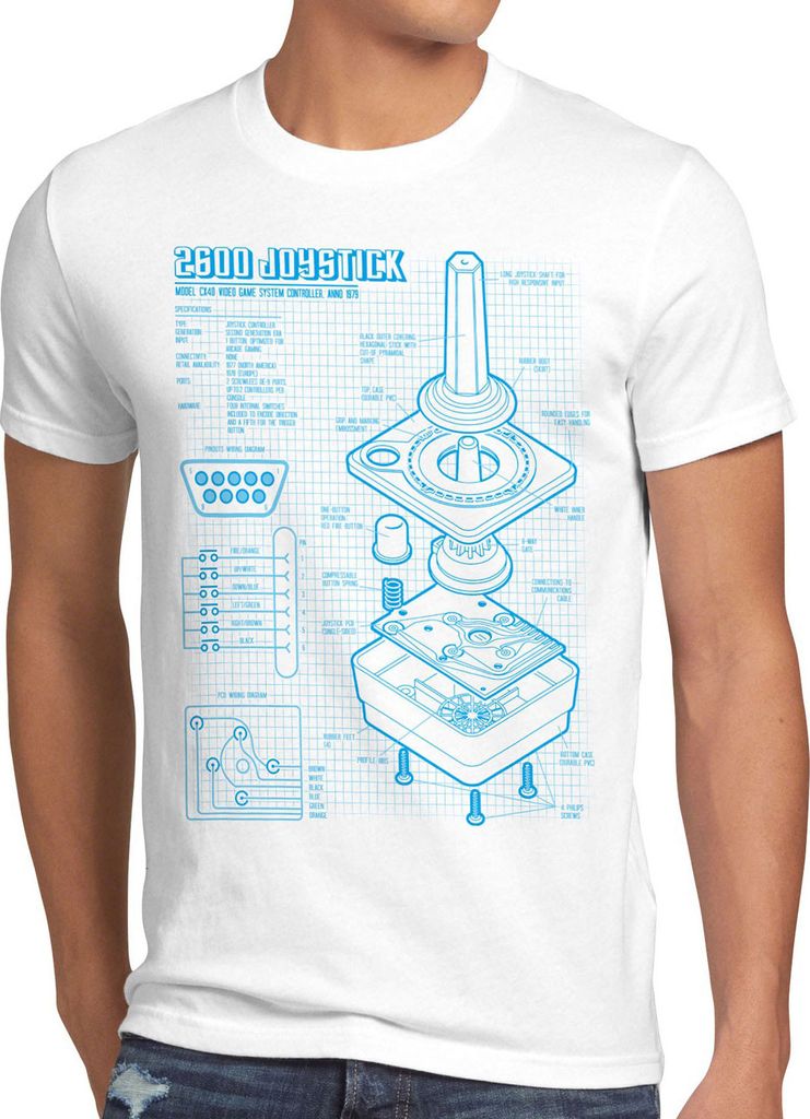 style3 2600 VCS Computer Blaupause Herren T-Shirt 80er Joystick 8-Bit retro gamer, Größe:4XL, Farbe:Weiß