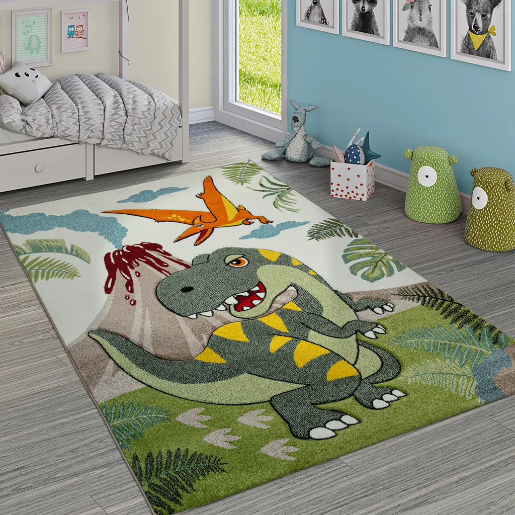 Tapis Enfant Effet 3D Volcan et Dinosaures Vert 133 cm Poils Courts