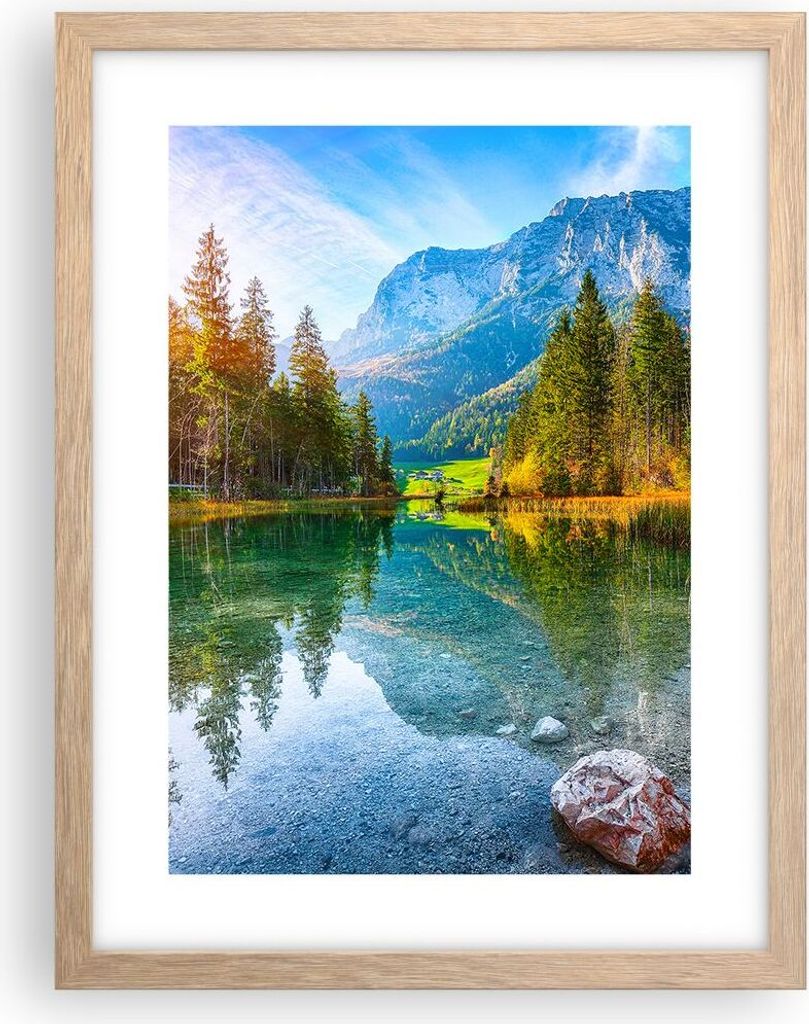 Gerahmtes Poster - Rahmen in heller Eiche - Landschaft Berge Morgendämmerung - 30x40 cm - Wand Bild - Wanddeko - Wandbilder - Kunstposter - Wandpo...
