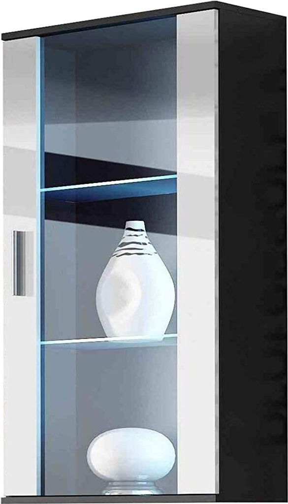 Furniture24 Hängevitrine SOHO Hängeschrank Wandvitrine mit Blauer LED Beleuchtung Schwarz/Weiß Hochglanz