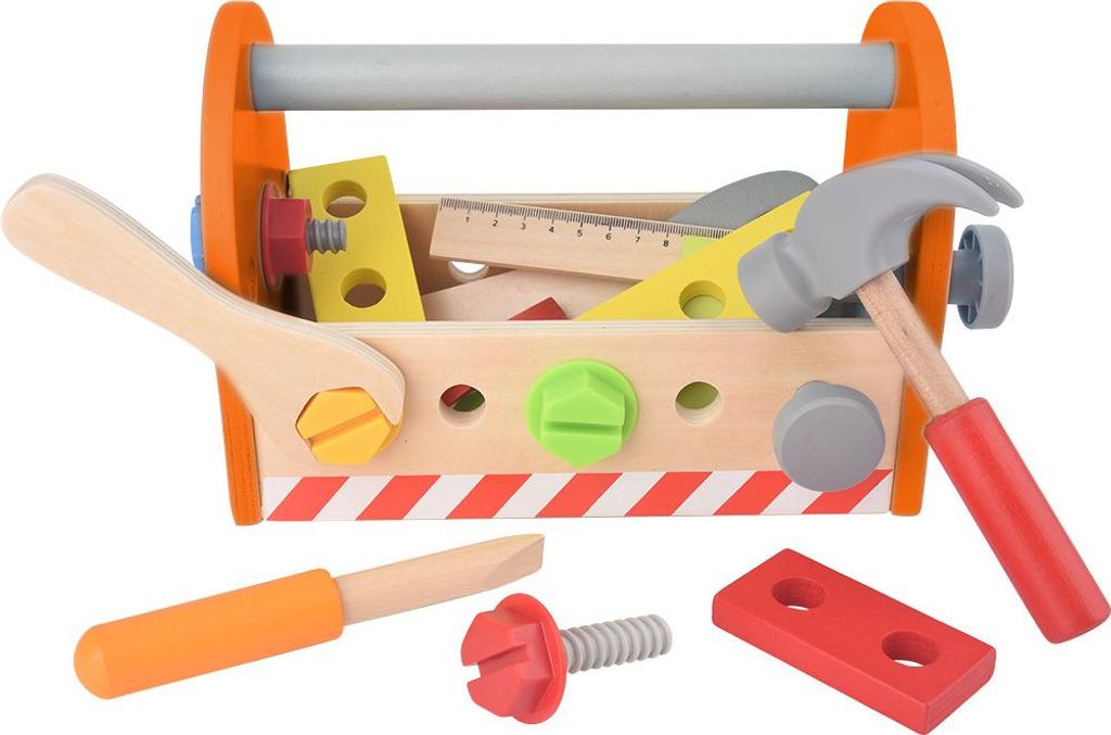 NEO TOOLS Holzwerkzeugset für Kinder, Werkzeugkasten, Säge, Schraubenschlüssel, 2 Latten, Winkeleisen, Hammer, Schlitzschraubenzieher, 2 Nieten,...