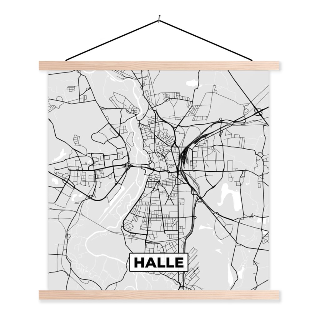 MuchoWow Textilposter Deutschland - Karte - Halle - Stadtplan 40x40 cm mit holzfarbenen Rahmen - Posterleiste