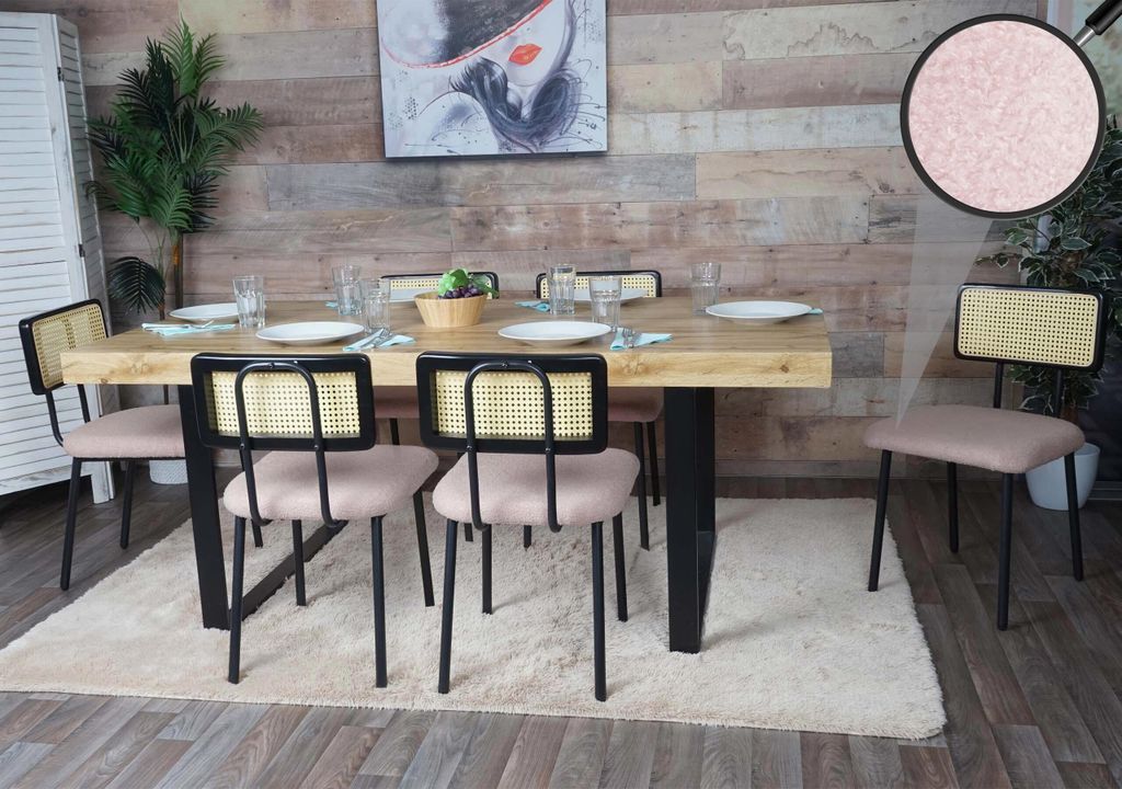 6er-Set Esszimmerstuhl MCW-K88, Lehnstuhl Stuhl, Holz Poly-Rattan Metall Bouclé Stoff/Textil rosa