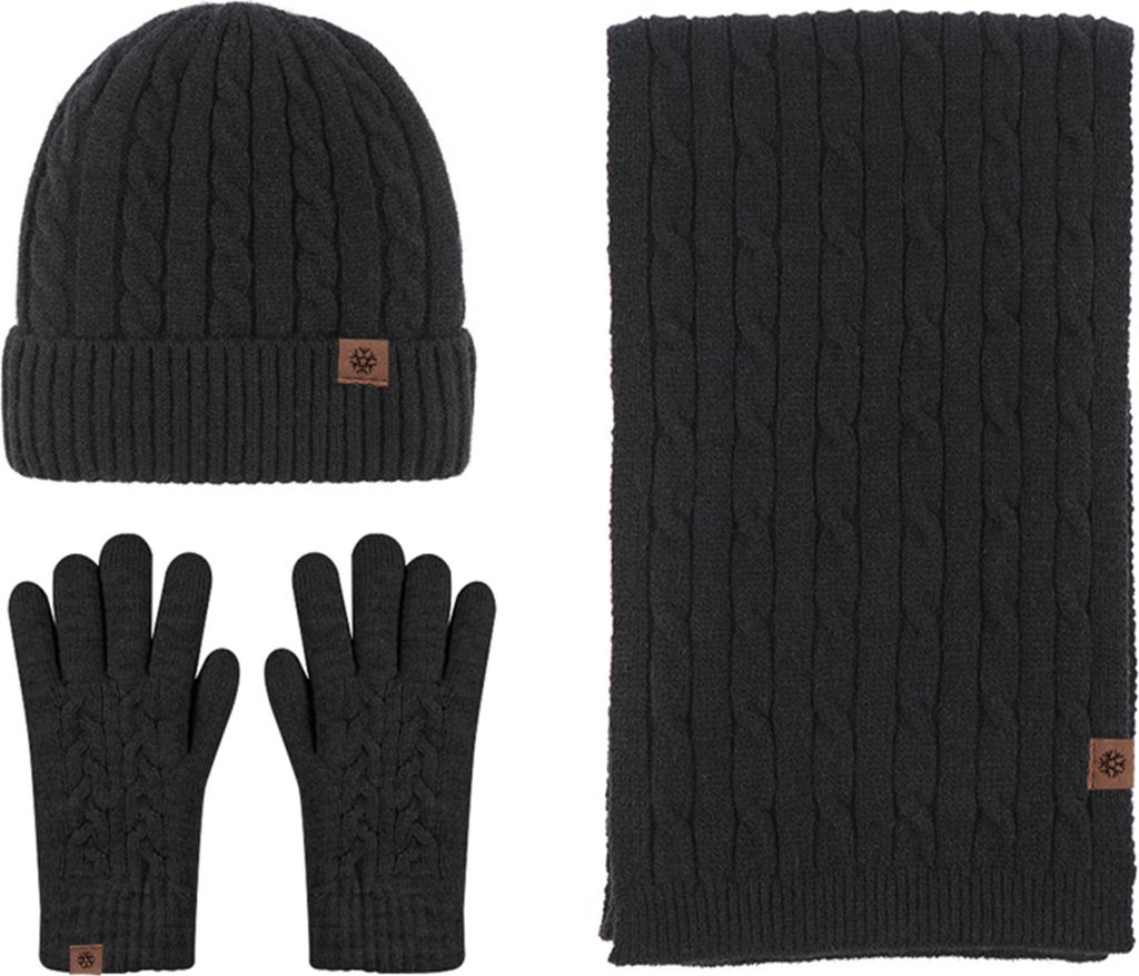 Winterwarmer Strickschal, Beanie-Mütze und Handschuhe im Set, weicher Stretch-Hut, Schal und Fäustlinge für Herren und Damen, Schwarz