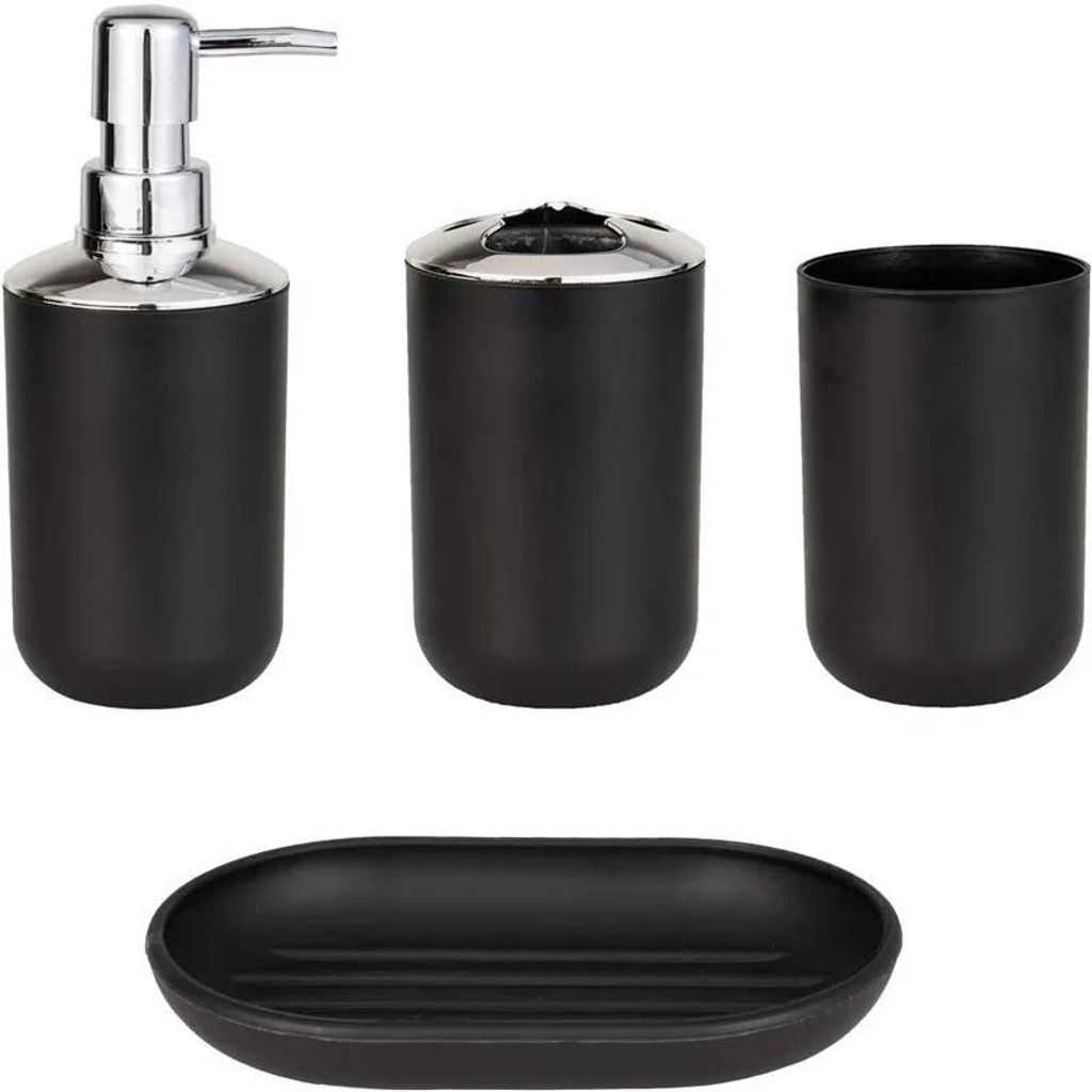 Badezimmer Zubehör Set Schwarz 4-teilig Seifenspender Seifenschale Zahnbürstenhalter Becher Waschbecken Set Bad WC Aufbewahrung Toilette