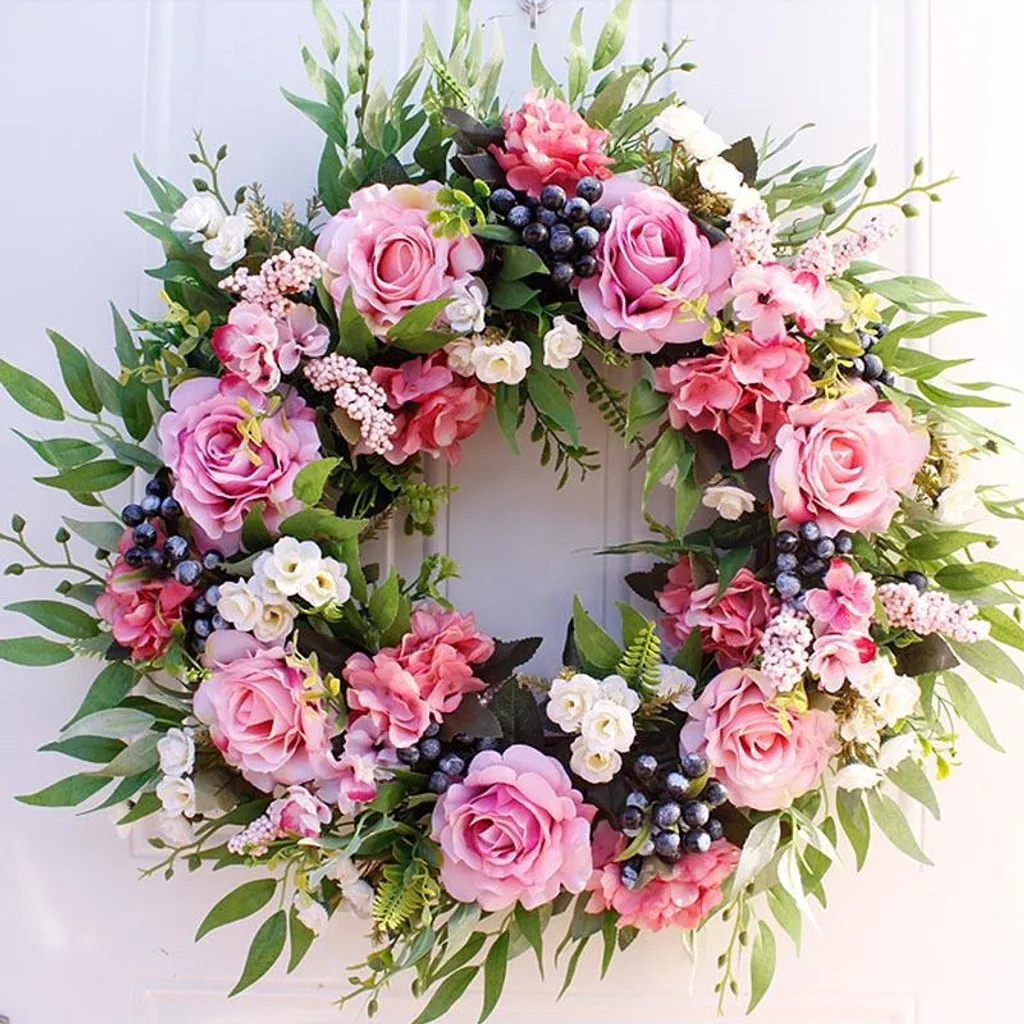 Couronne Noël Artificielle Rose 56cm Décoration de Porte Sans Entretien