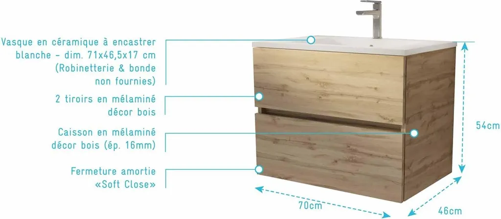 Meuble sous vasque 70cm TIMBER chêne clair avec plan vasque céramique - 4