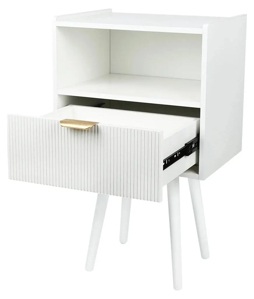 Table de chevet blanche en bois avec tiroir et compartiment ouvert