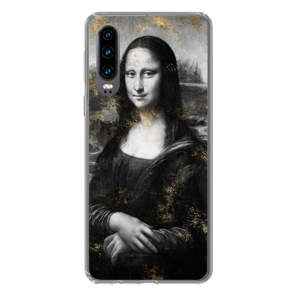 MuchoWow Handyhülle Schutzhülle Hülle für Huawei P30 Mona Lisa - Gold - Schwarz Silikon Softcase Handy Hülle - Kartenbesitzer