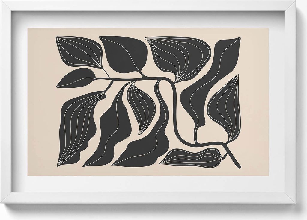 Minimalistische Illustration von Pflanzenblättern– Wandbild mit Rahmen – Gerahmtes Bild – Wanddekoration – 60x40 cm – Schwarz Rahmen