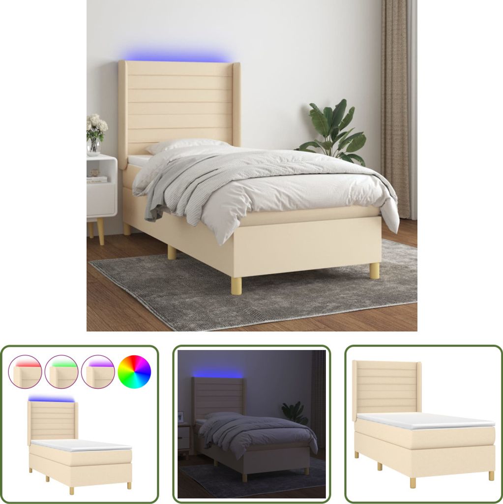 The Living Store Boxspringbett mit Matratze & LED Creme 100x200 cm Stoff