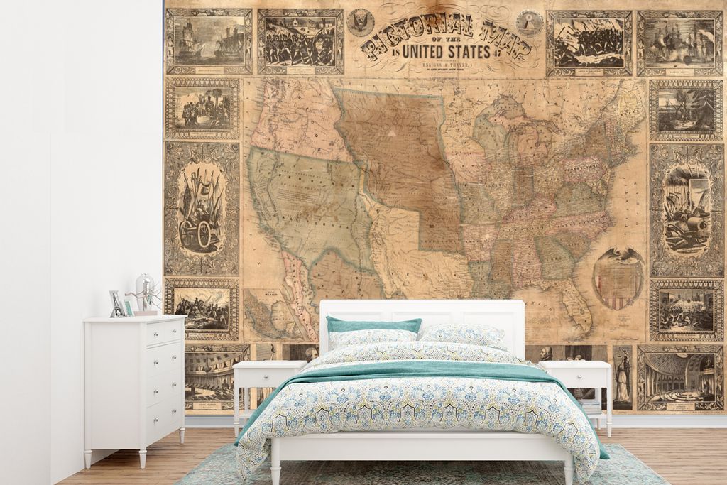 MuchoWow Fototapete für Wohnzimmer oder Schlafzimmer Wandtapete Vinyl Motivtapete Karte - Vintage - Amerika - 415x300 cm - Küche