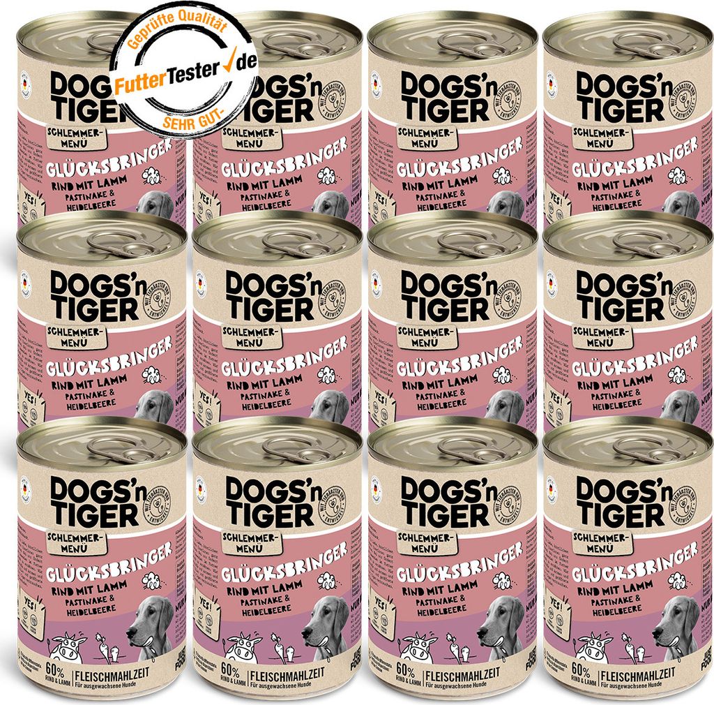 Dogs’n Tiger Adult Hundefutter, Glücksbringer, Nassfutter, Getreidefrei, Rind, Lamm, Pastinake & Heidelbeeren, 12x400g