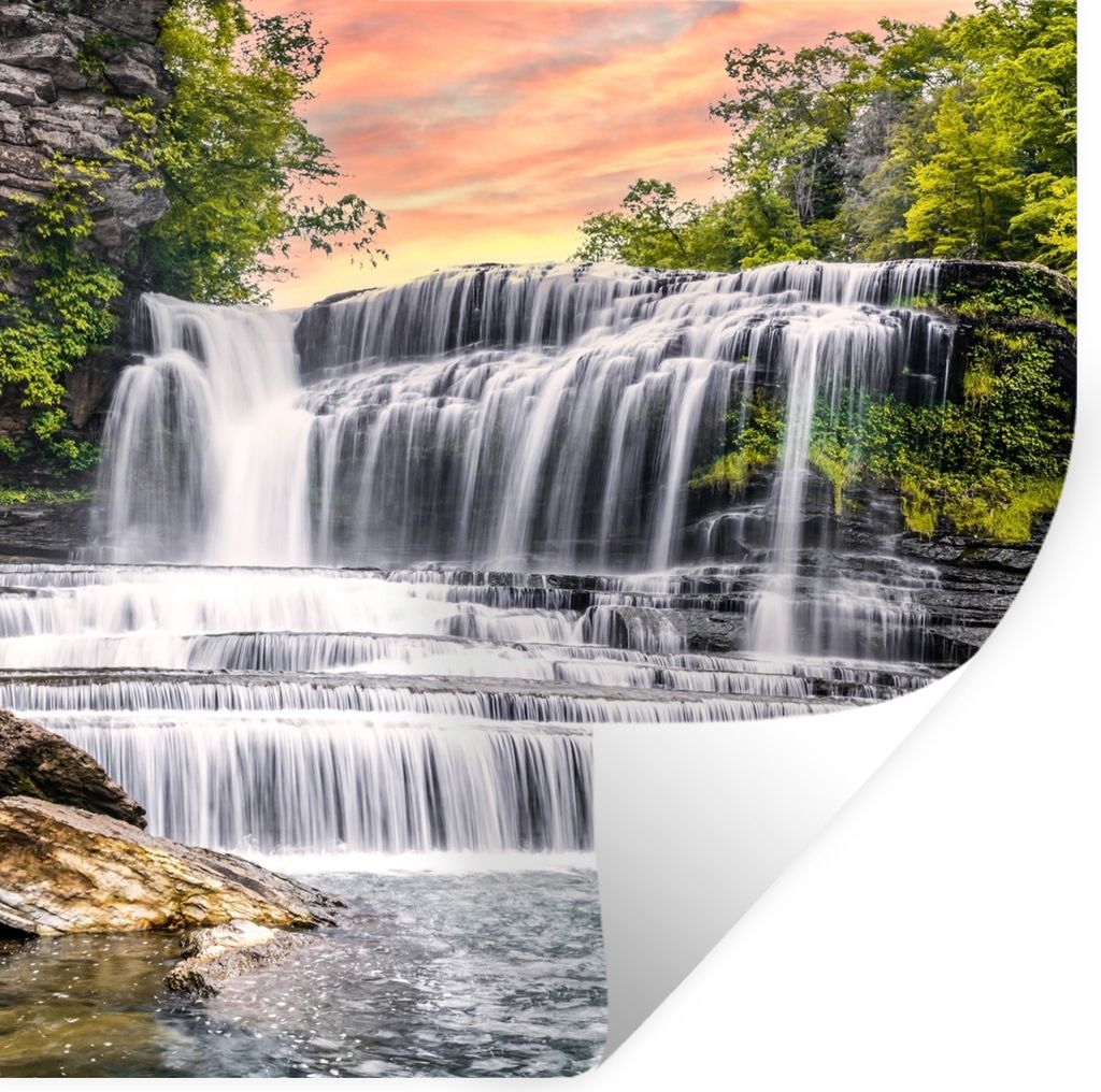 MuchoWow Wandtattoo Wandsticker Wandaufkleber Wasserfall - Wasser - Steine - Pflanzen - Natur 100x100 cm Selbstklebend und Repositionierbar - Wie...