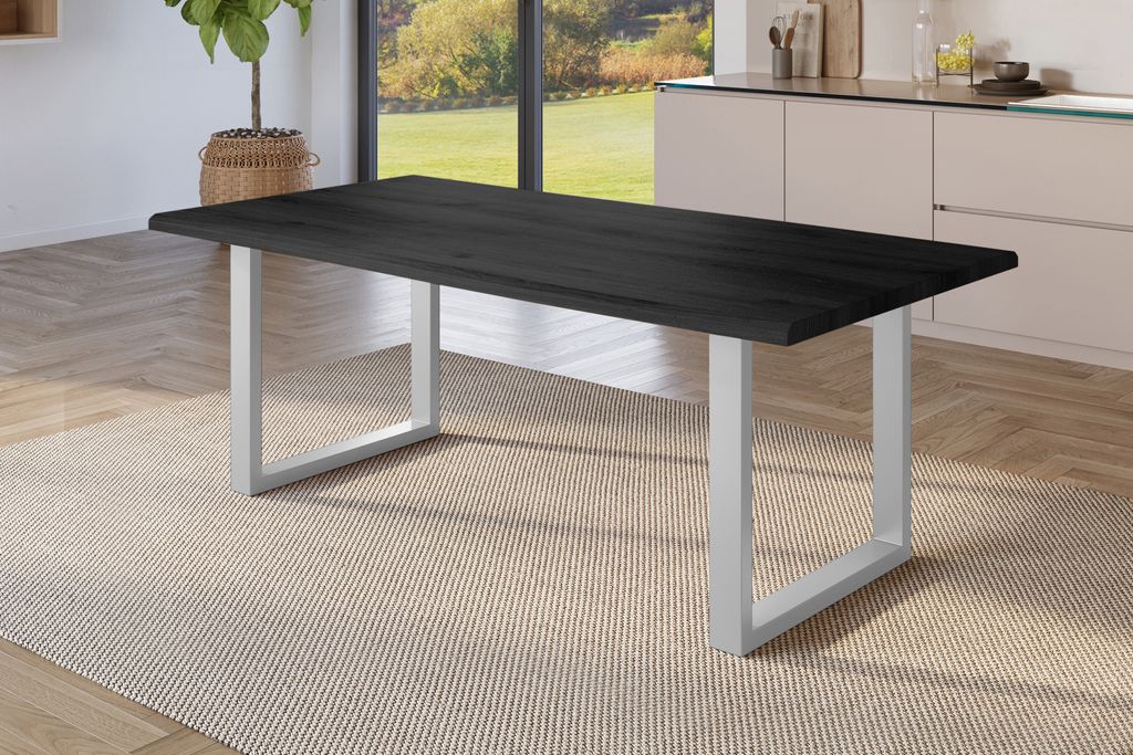 Esstisch 180x90 cm Baumkante Holz Grau-Optik U-Gestell Metall silber JULIUS