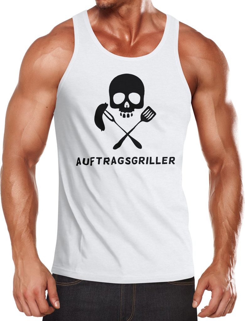 Herren Tanktop Auftragsgriller Funshirt Grill Shirt BBQ Skull Moonworks weiß M